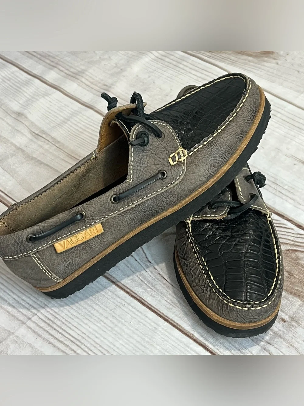 Vaccari goat exotic leather Men’s Brown & Black Leather Boat Shoes lux loafer